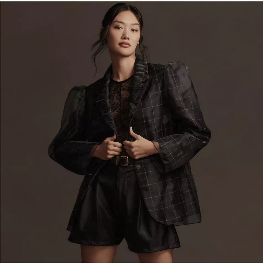 NEW By Anthropologie Tulle Overlay Plaid Blazer Size XS Navy